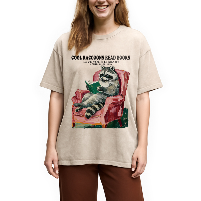 Modecanvas Cool Raccoon Reads DTG Printing Washed T-Shirt-modecanvas