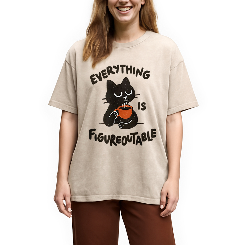 Modecanvas Cat Tasting Coffee Washed T-Shirt