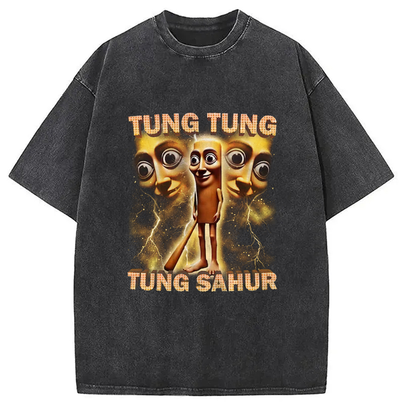 Modecanvas Tung Tung Tung Sahur Funny Baseball Bat Meme Washed T-Shirt