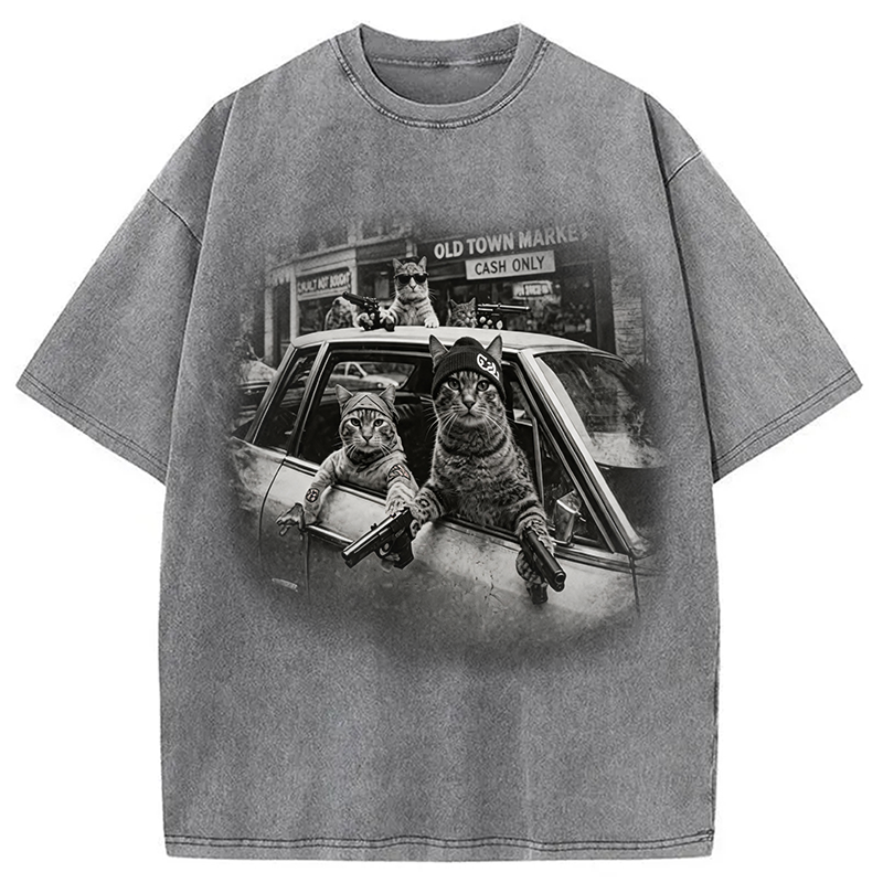 Modecanvas Gangster Cats DTG Printing Washed T-Shirt-modecanvas