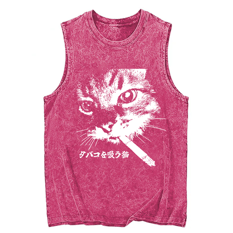 Modecanvas Retro Cat Smoking DTG Printing Washed Tank-modecanvas