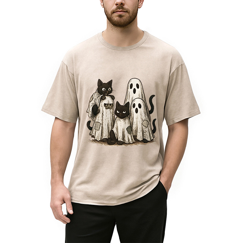 Modecanvas Funny Black Cats Ghost Washed T-Shirt