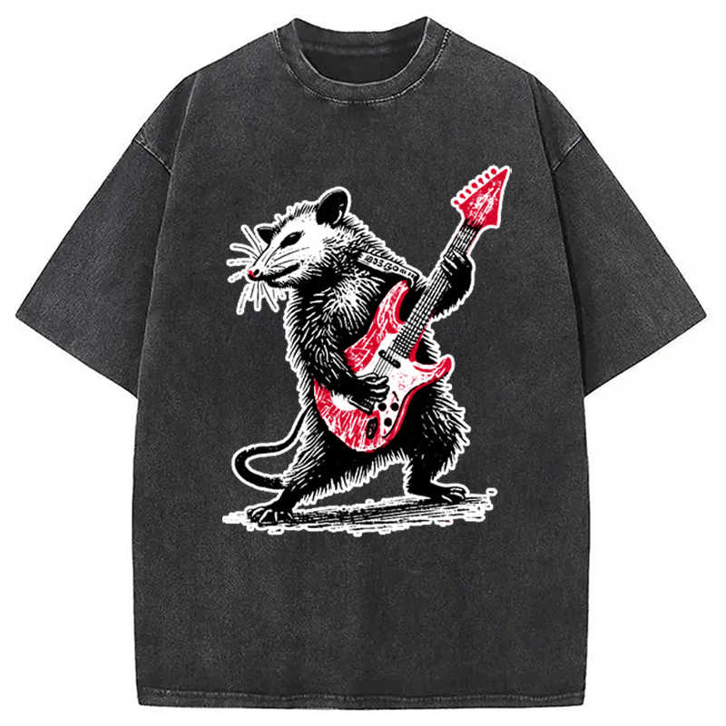 Modecanvas Funny Rocker Possum Guitar Vintage Washed T-Shirt