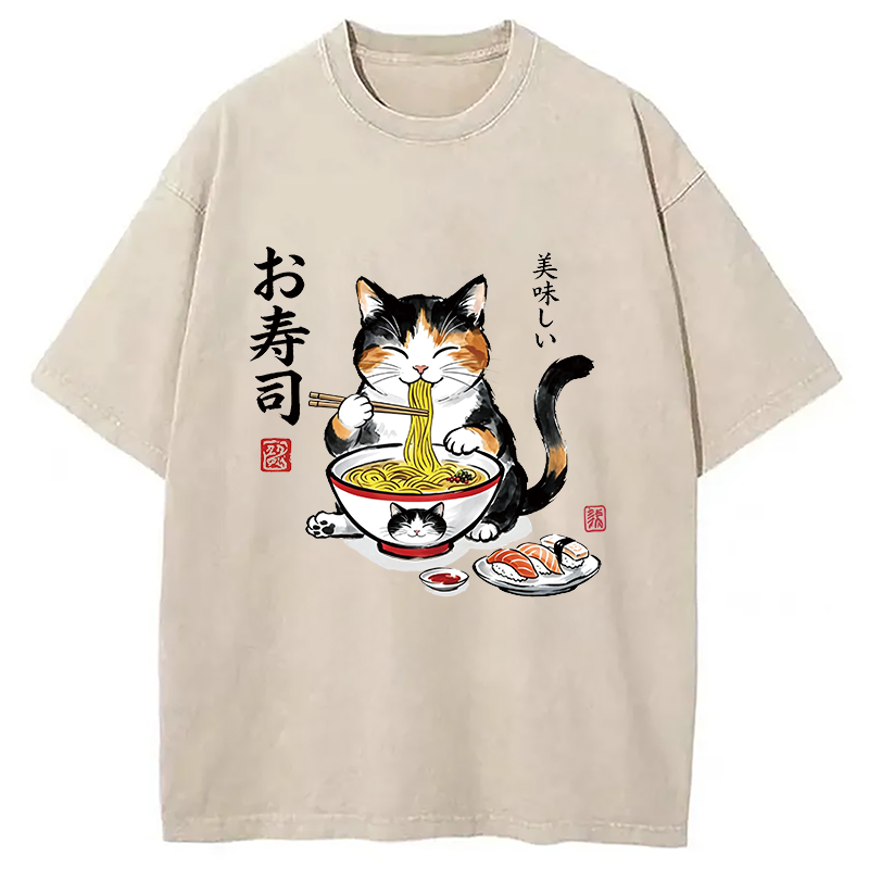 Modecanvas Cats Eat Japanese Food DTG Printing Washed T-Shirt