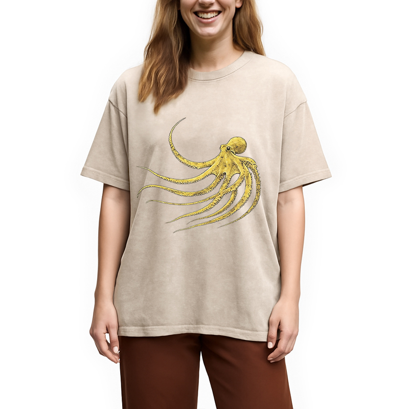 Modecanvas Retro Octopus DTG Printing Washed T-Shirt