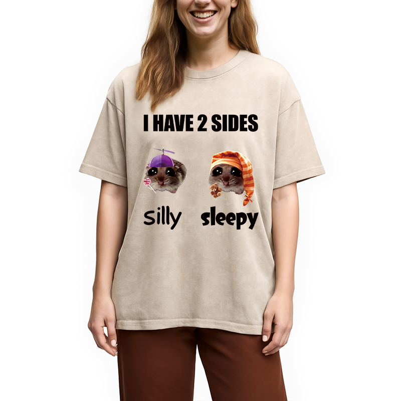 Modecanvas I Have 2 Sides Silly Sleepy Rat Meme DTG Printing Washed T-Shirt