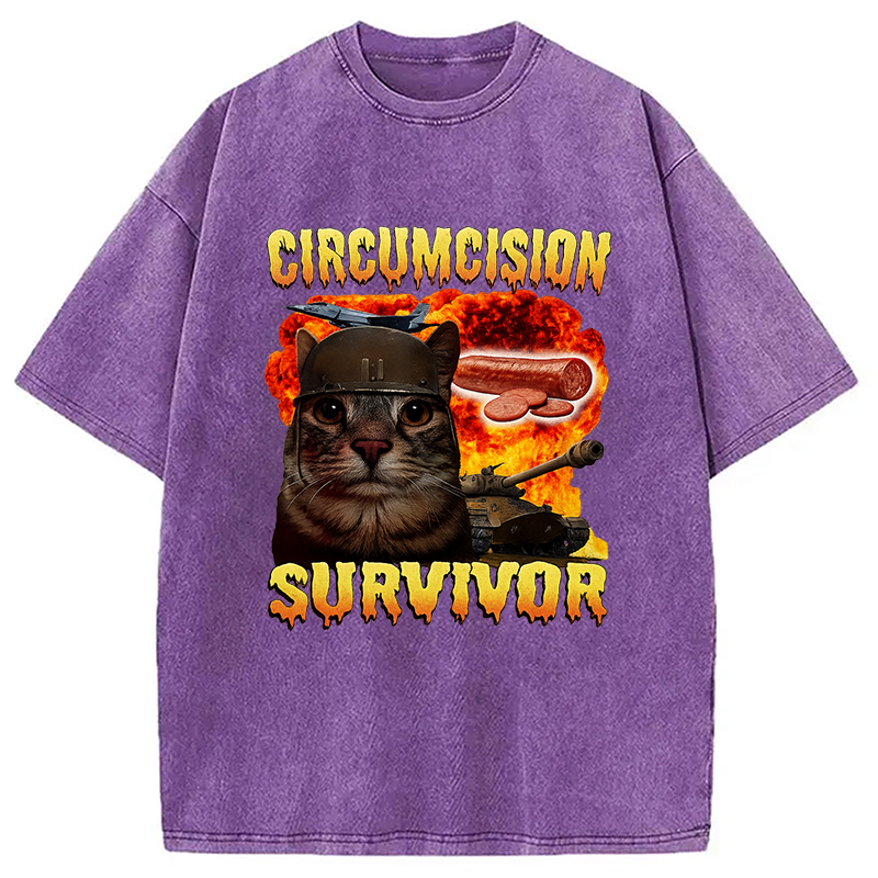 Modecanvas Circumcision Survivor Funny Cat Meme Washed T-Shirt-modecanvas