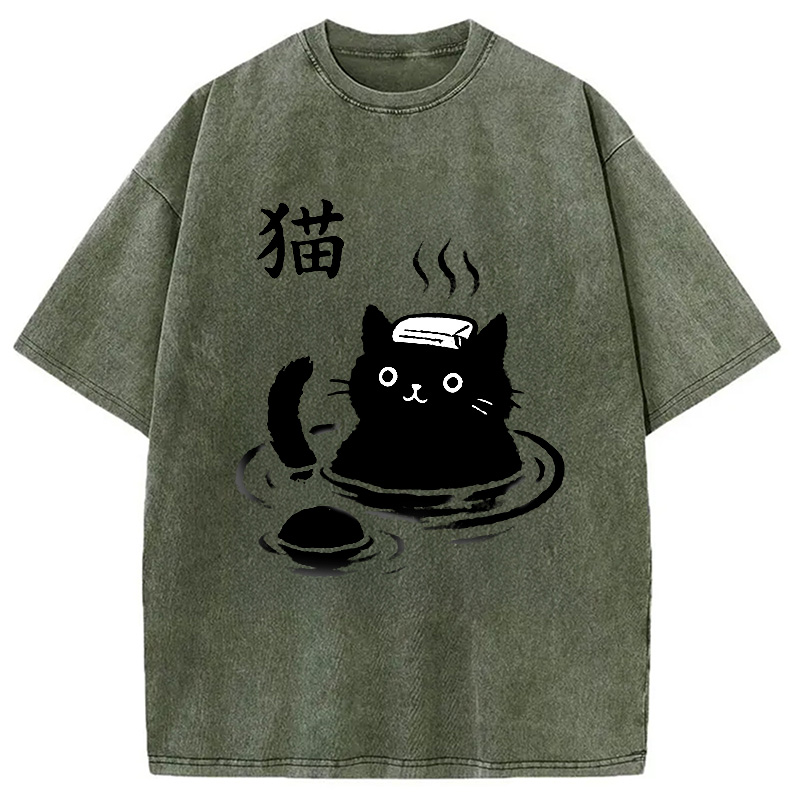 Modecanvas Cat Bathing In Hot Spring Washed T-Shirt