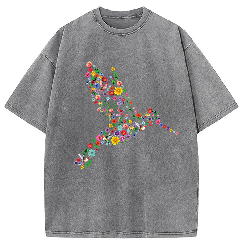Modecanvas Floral Hummingbird DTG Printing Washed T-Shirt