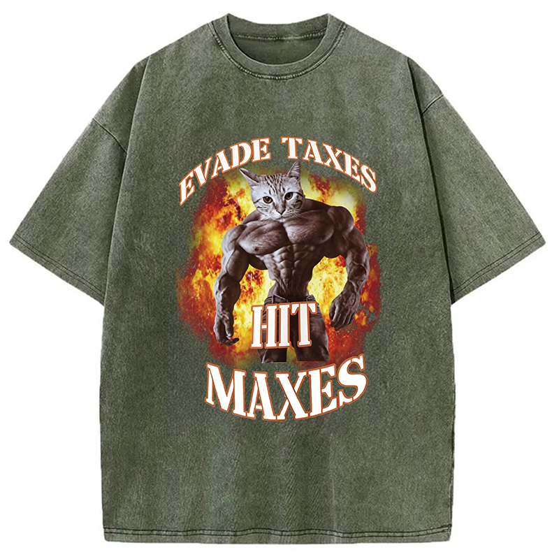 Modecanvas Evade Taxes Hit Maxes Cat Gym Meme DTG Printing Washed T-Shirt