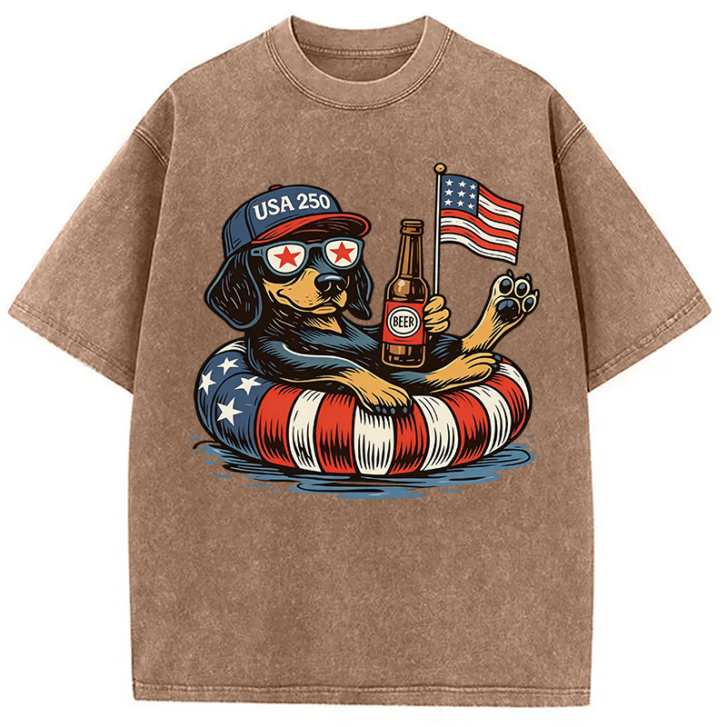 Modecanvas Funny 4th Of July Dachshund DTG Printing Washed T-Shirt