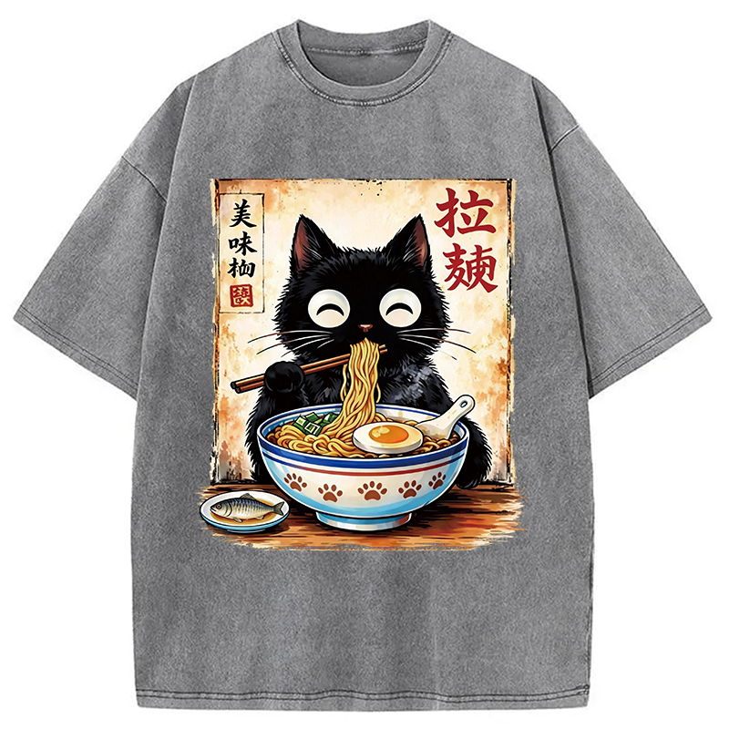 Modecanvas Cute Cat Slurping Ramen DTG Printing Washed T-Shirt