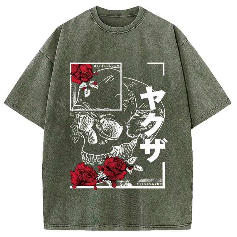Modecanvas Skull Red Roses DTG Printing Washed T-Shirt-modecanvas