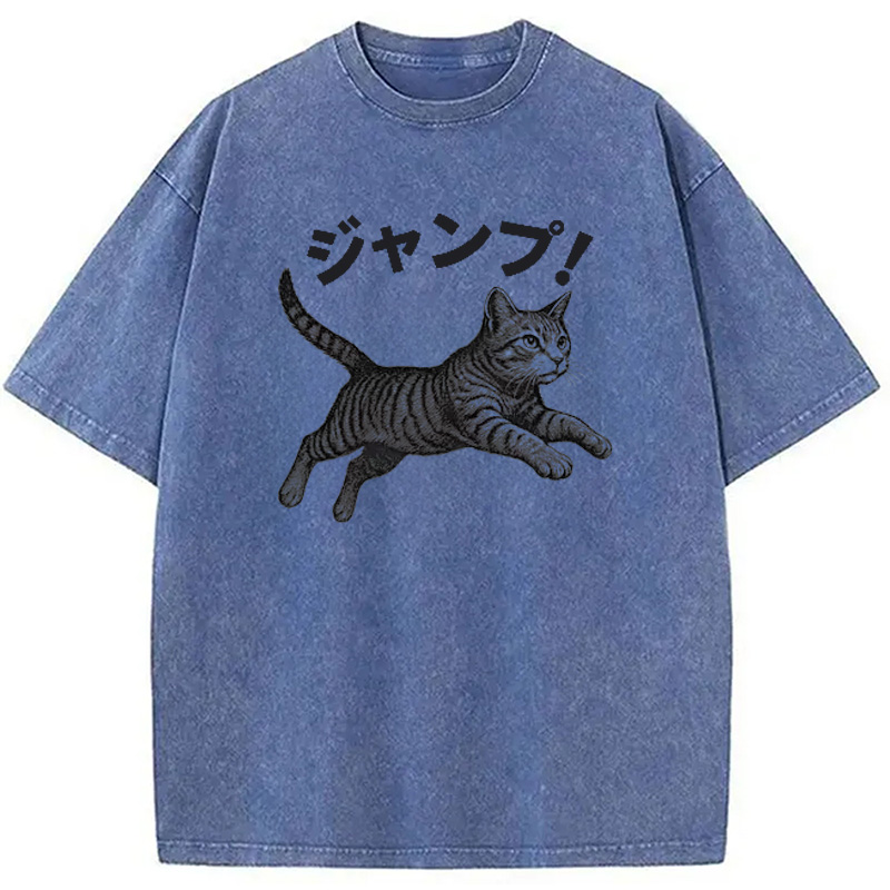 Modecanvas Jumping Tabby Funny Japanese Cat Washed T-Shirt