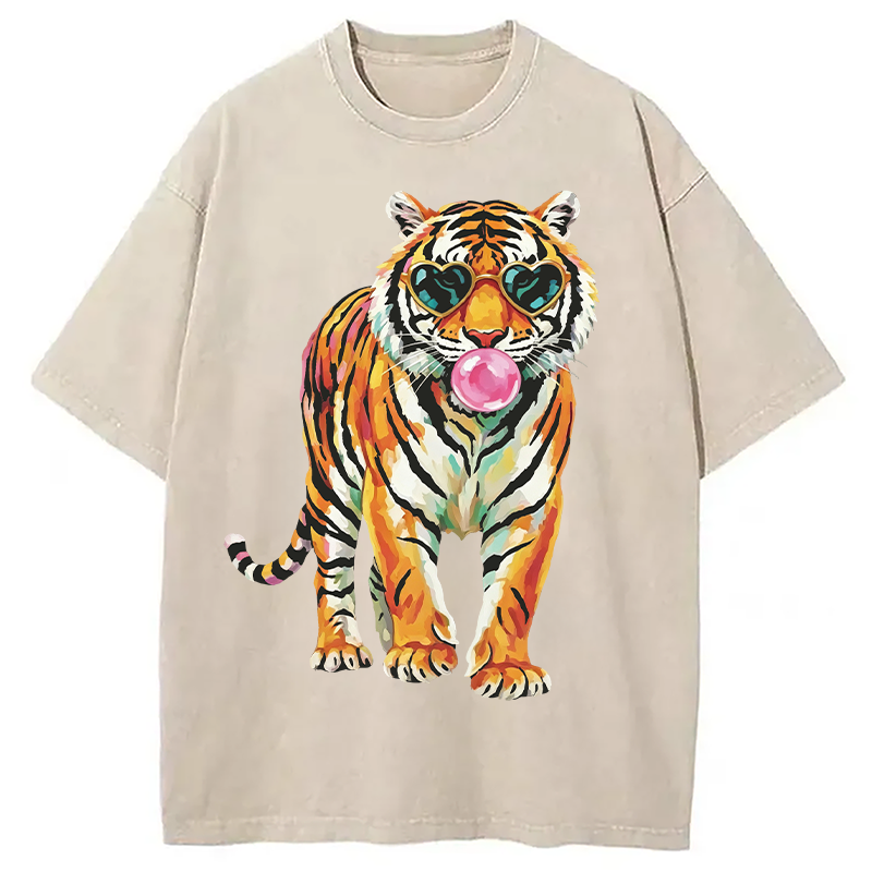 Modecanvas Tiger Cute Animal DTG Printing Washed T-Shirt
