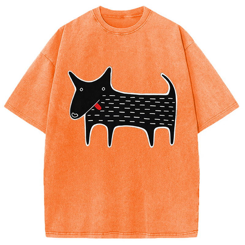 Modecanvas Black Dog Kawaii Folk Art DTG Printing Washed T-Shirt
