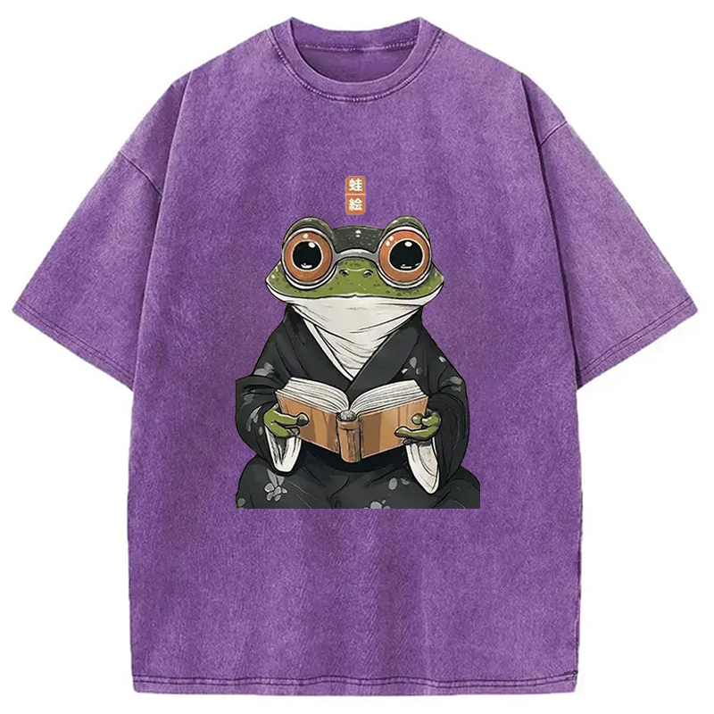 Modecanvas Frog Reading Washed T-Shirt
