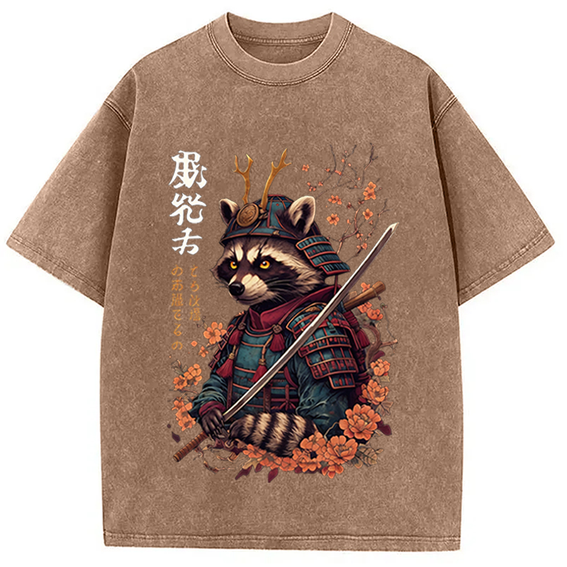 Modecanvas Japanese Raccoon Art DTG Printing Washed T-Shirt-modecanvas