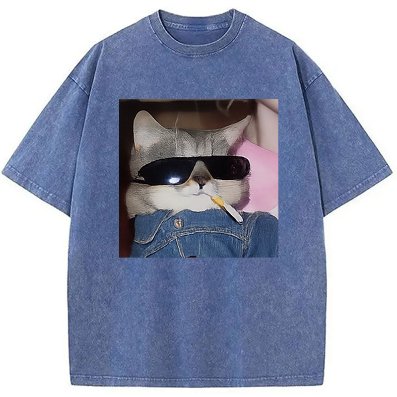 Modecanvas Funny Smoking Cat Meme Washed T-Shirt