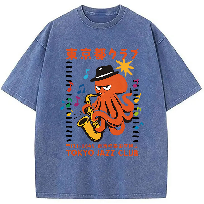 Modecanvas Japanese Octopus In Band DTG Printing Washed T-Shirt