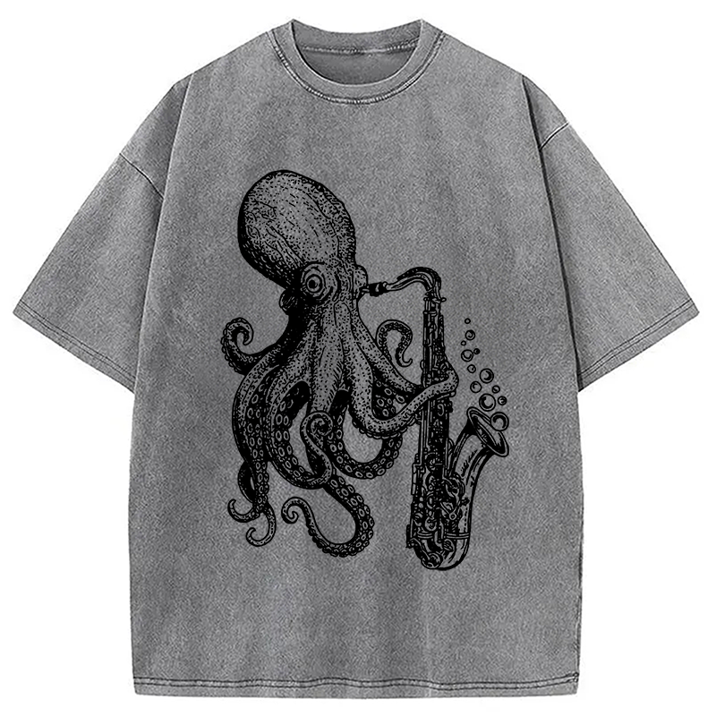 Modecanvas Octopus Playing Saxophone Washed T-Shirt