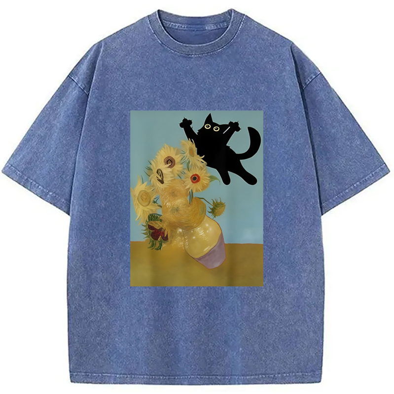 Modecanvas Playing Cat Sunflower Washed T-Shirt