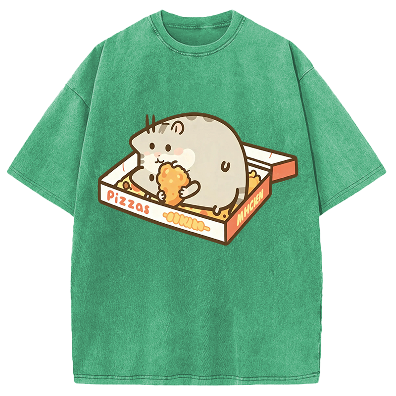 Modecanvas Cute Hamster Pizza DTG Printing Washed T-Shirt