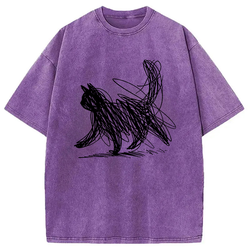 Modecanvas Minimalist Cat Art Washed T-Shirt-modecanvas