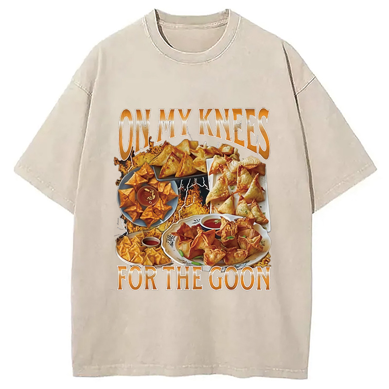 Modecanvas On My Knees Funny Crab Rangoon Meme Washed T-Shirt