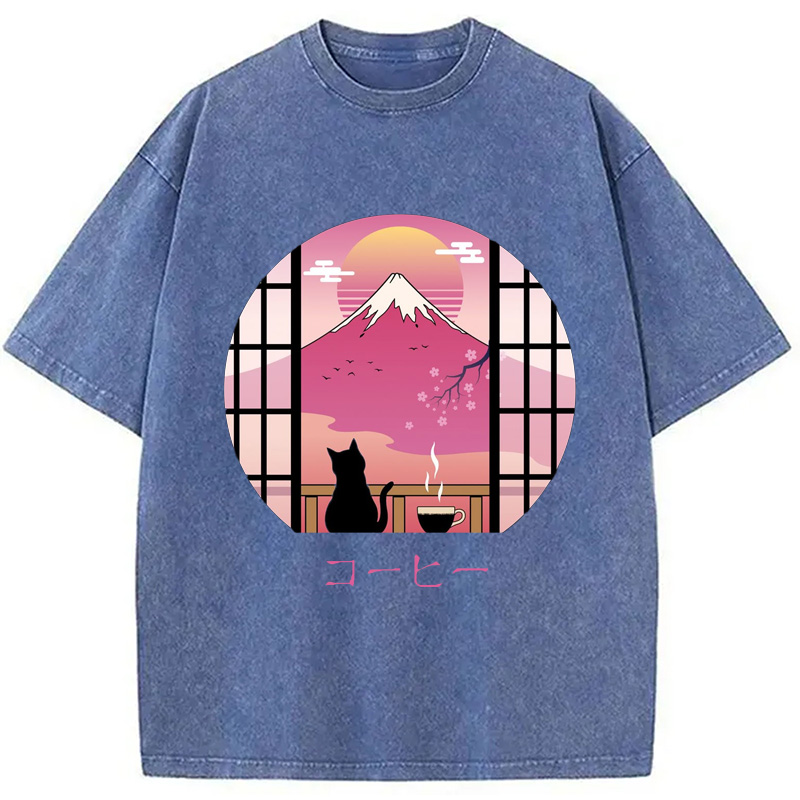 Modecanvas Mount Fuji Black Cat Tea Washed T-Shirt