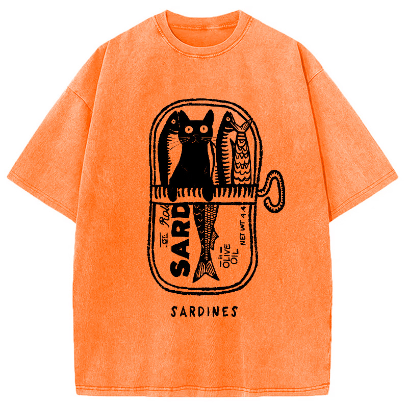 Modecanvas Cat Hiding In A Sardine Can Washed T-Shirt-modecanvas