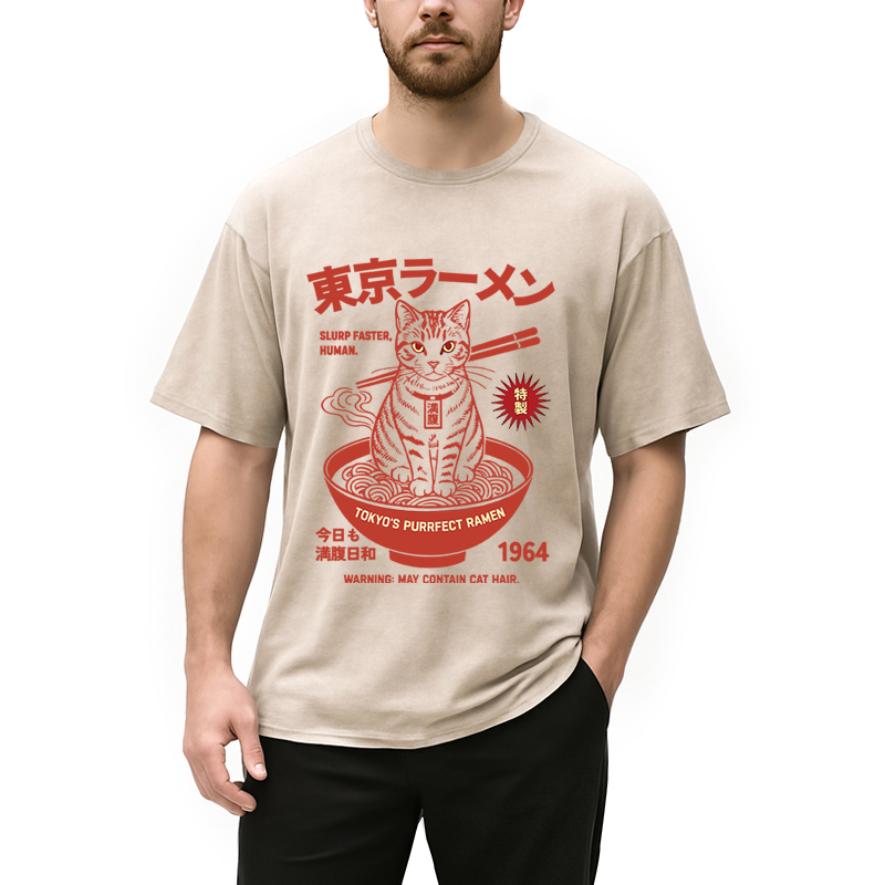 Modecanvas Tokyo Ramen Cat DTG Printing Washed T-Shirt-modecanvas