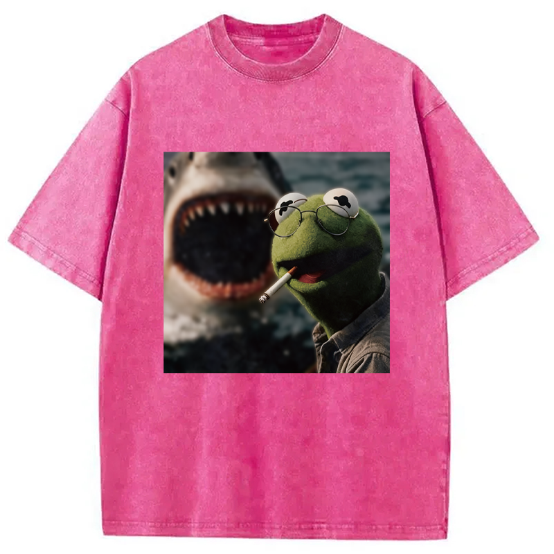 Modecanvas Smoking Frog Meme DTG Printing Washed T-Shirt-modecanvas