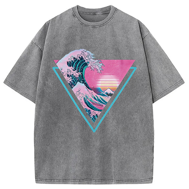 Modecanvas Great Wave Retro Triangle DTG Printing Washed T-Shirt