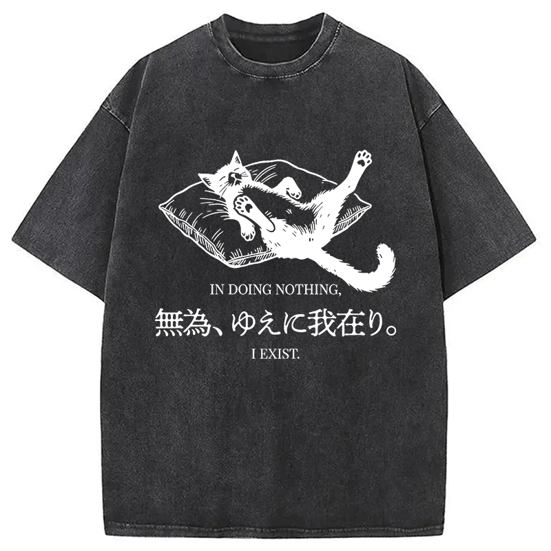 Modecanvas Minimalist Lazy Cat DTG Printing Washed T-Shirt-modecanvas