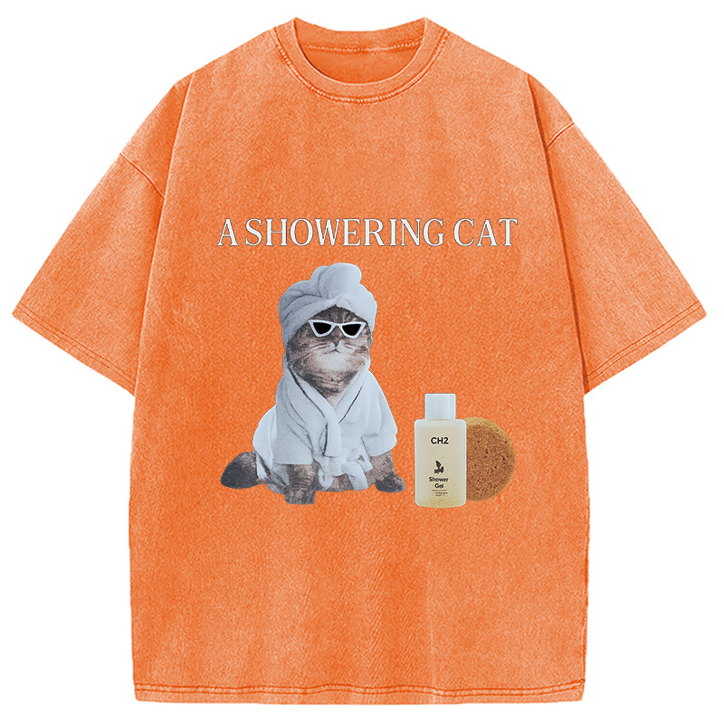 Modecanvas A Showering Cat Washed T-Shirt