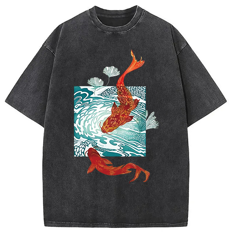 Modecanvas Koi In Wave Patterns DTG Printing Washed T-Shirt