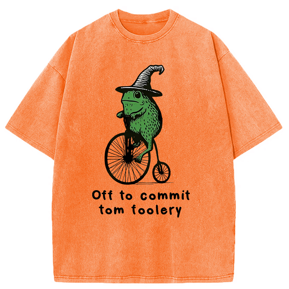 Modecanvas Frog Riding Penny-farthing Washed T-Shirt-modecanvas
