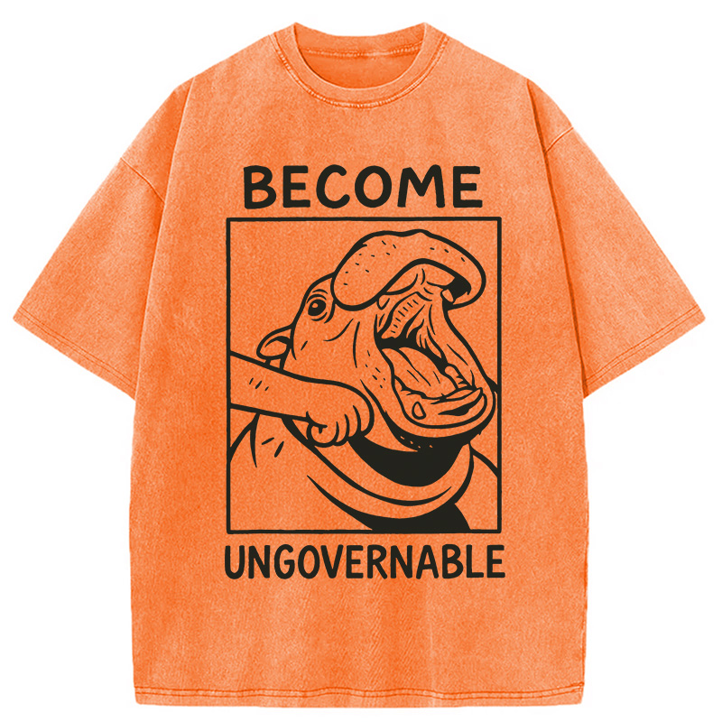 Modecanvas Become Ungovernable Funny Hippo Meme Washed T-Shirt