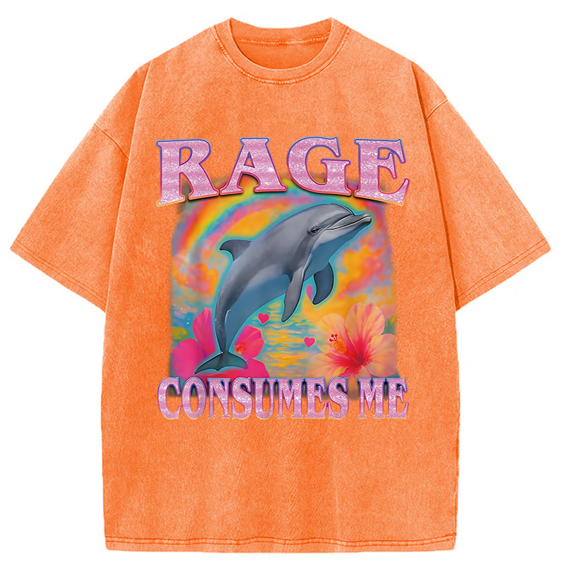 Modecanvas Rage Consumes Me Dolphin Meme Washed T-Shirt