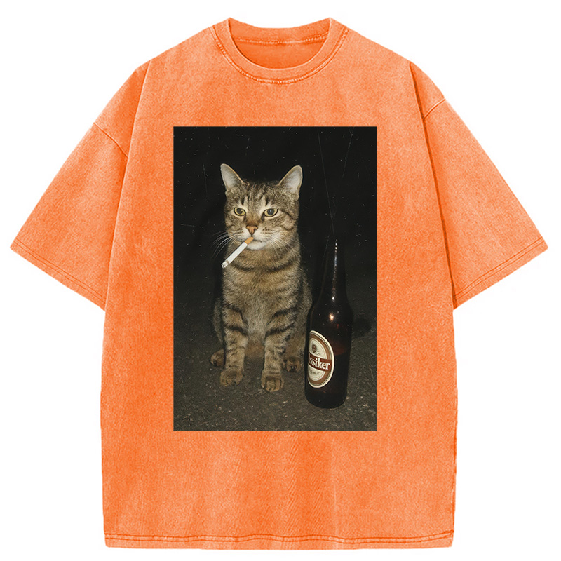 Modecanvas Vintage Cigarette Kitty Meme Washed T-Shirt-modecanvas