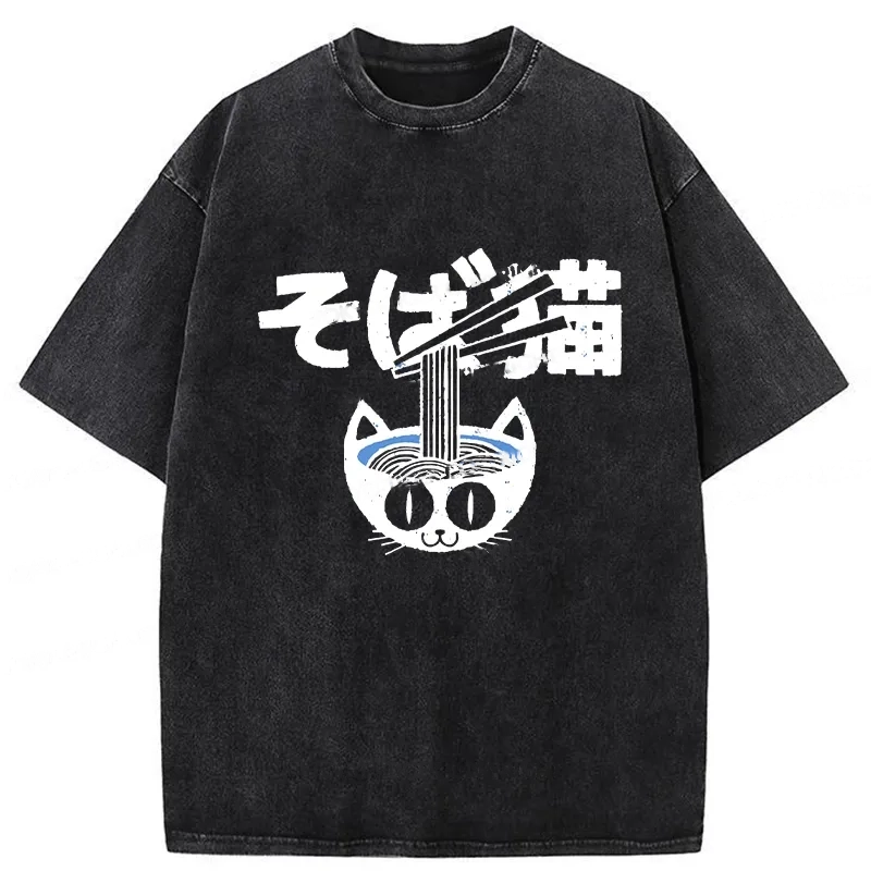 Modecanvas Cat Ramen Bowl Washed T-Shirt