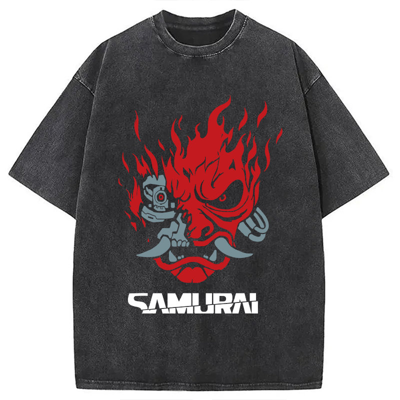 Modecanvas Vintage Samurai Retro Japanese DTG Printing Washed T-Shirt-modecanvas