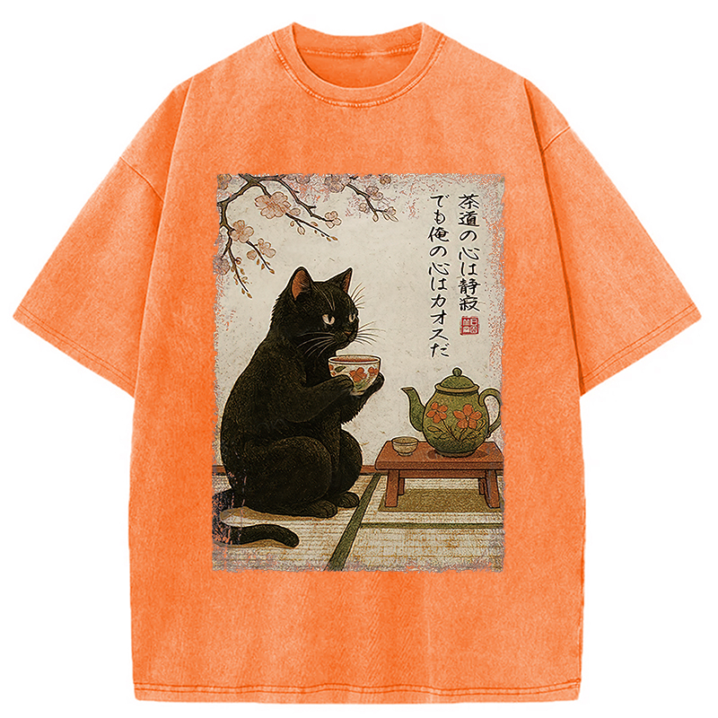 Modecanvas Tea Time With A Black Cat Washed T-Shirt-modecanvas