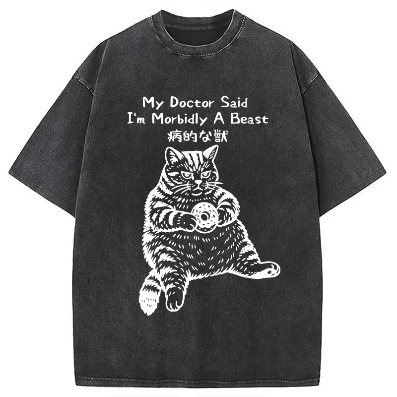 Modecanvas Lazy Fat Cat Washed T-Shirt-modecanvas