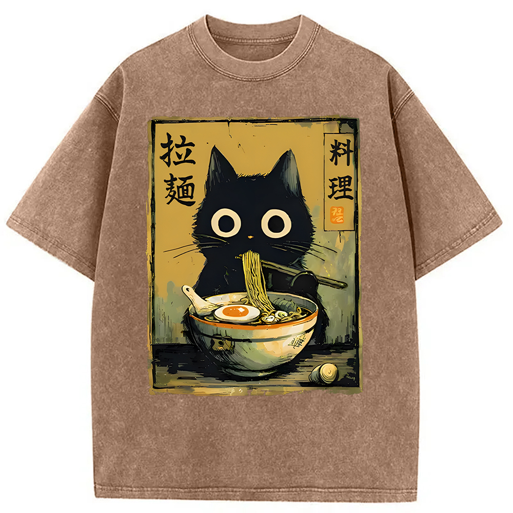 Modecanvas Cute Black Cat Eating Ramen Washed T-Shirt-modecanvas