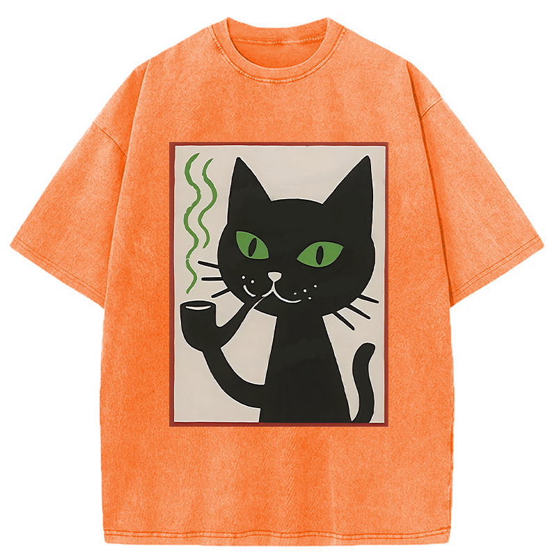 Modecanvas Black Cat Smoking Washed T-Shirt