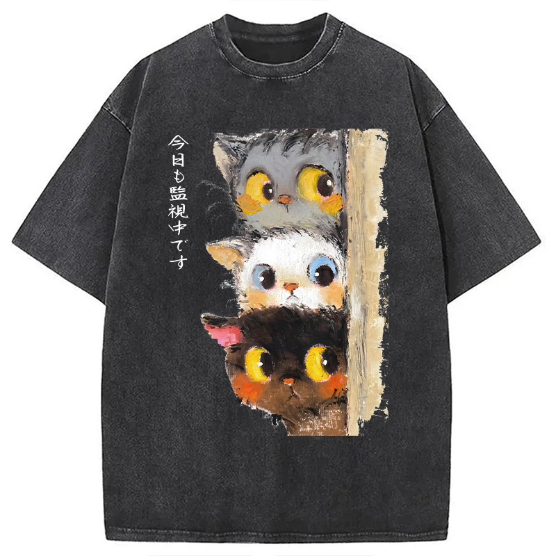 Modecanvas Three Cats Secretly Monitor Washed T-Shirt