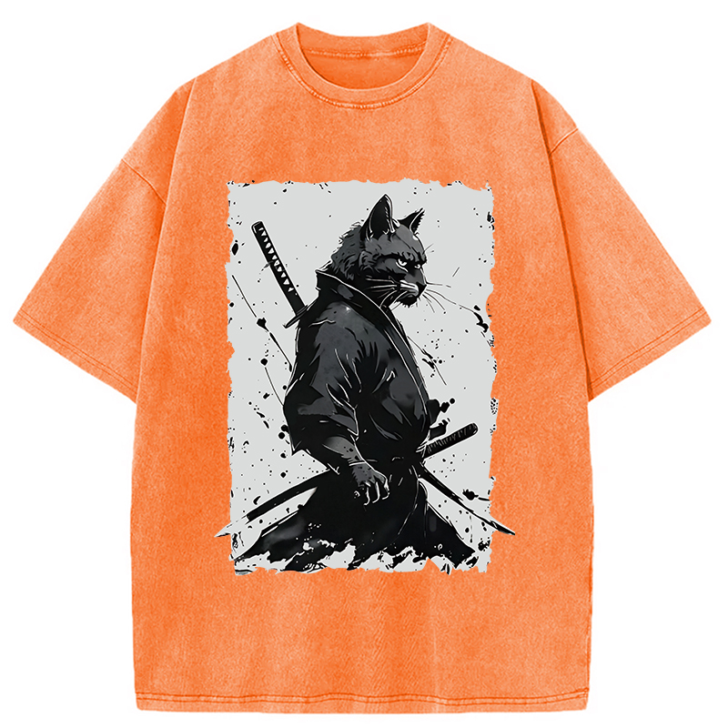 Modecanvas Handsome Samurai Cat Washed T-Shirt