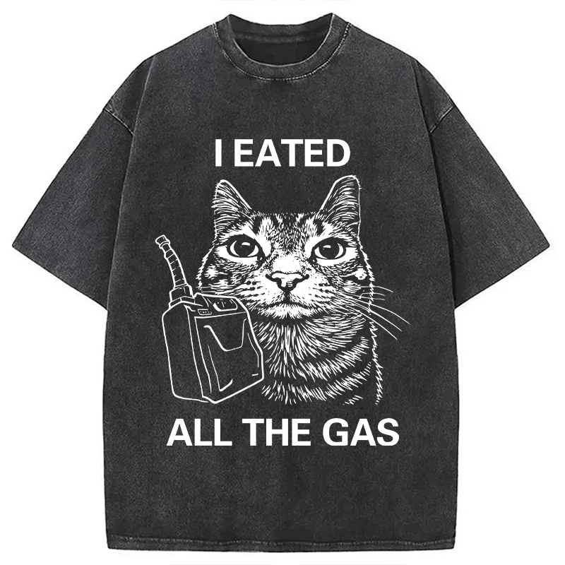 Modecanvas I Eated All The Gas Funny Cat Meme Washed T-Shirt-modecanvas